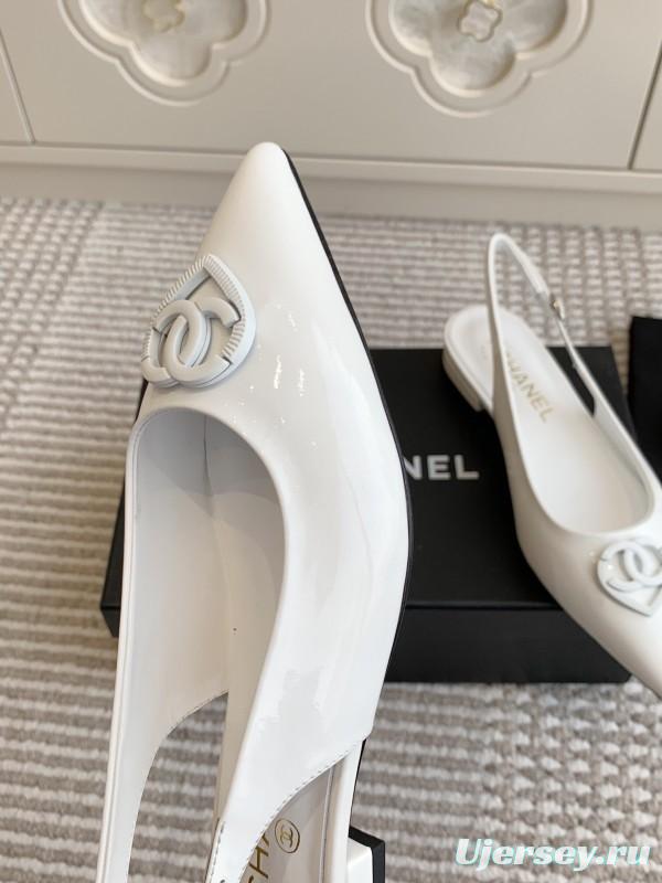 2025 Women Chanel White Leather Slingback Pointed Toe Heart Double C KFY00300