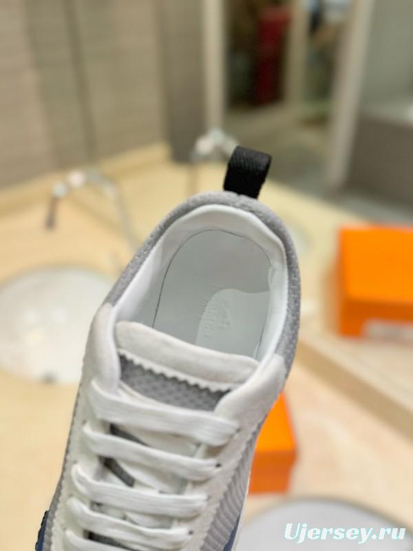 2024 Unisex Hermès Blue Grey Orange Suede Rain Cloth Sneakers MJ00320