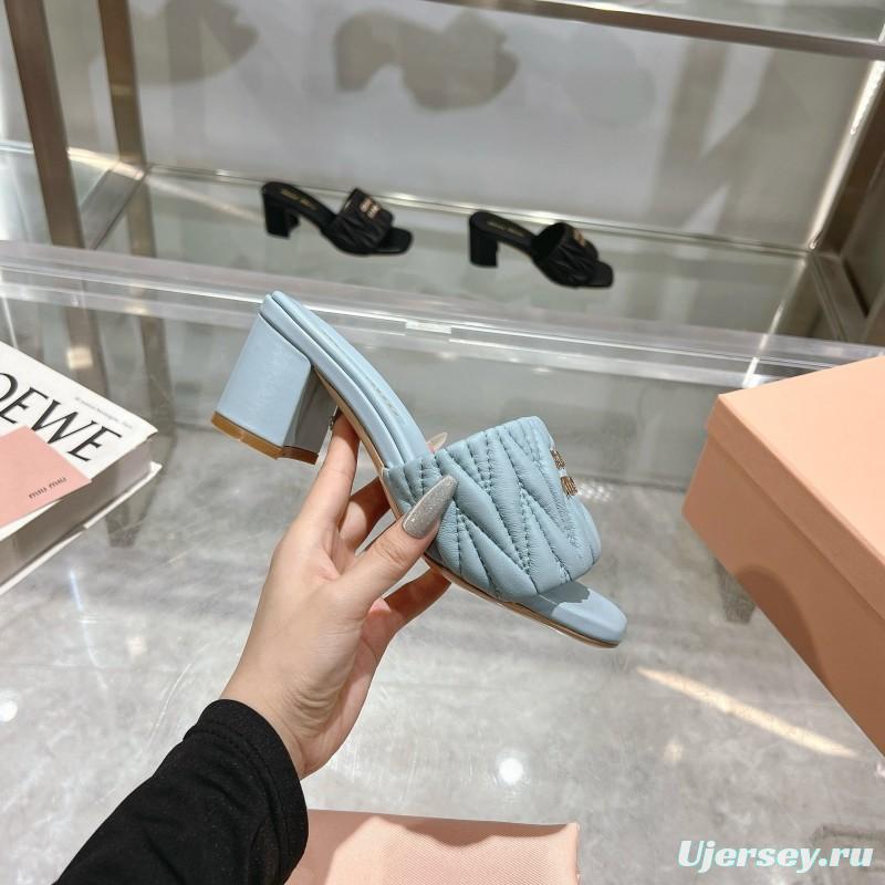 2025 Women Miumiu Light Blue Sheepskin Heeled Sandals