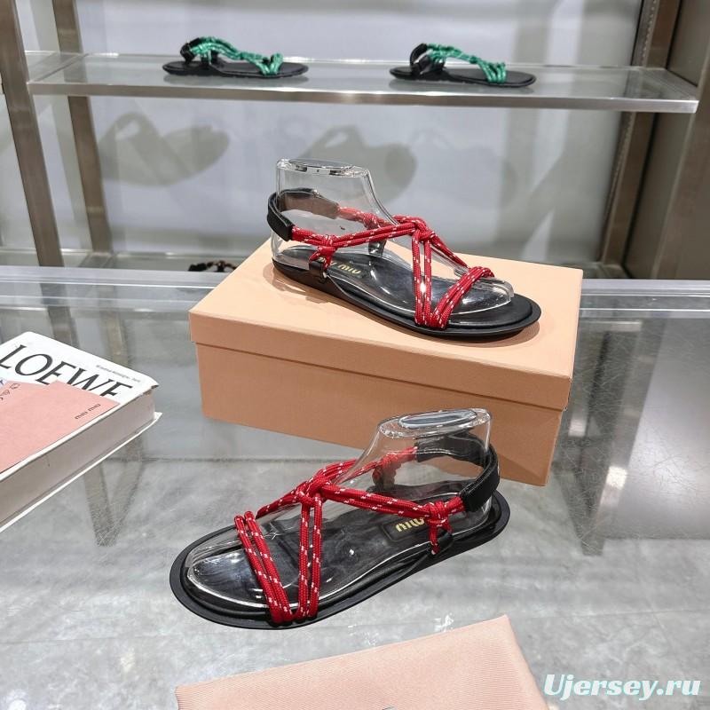2025 Women Miu Miu Red Black Leather Rope Sandals KFY00200