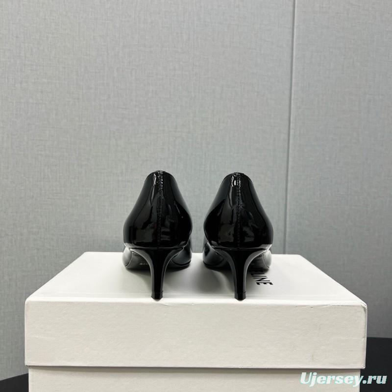 2025 Women Celine Black Patent Leather Pointed Toe Buckle Pumps KFY00290