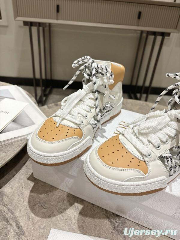 2025 Women Dior White Beige Leather Mesh High Top Sneakers
