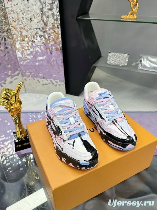 2024 Unisex Louis Vuitton Pink Blue Black Leather Denim Plimsolls Hand-Painted MJ00780