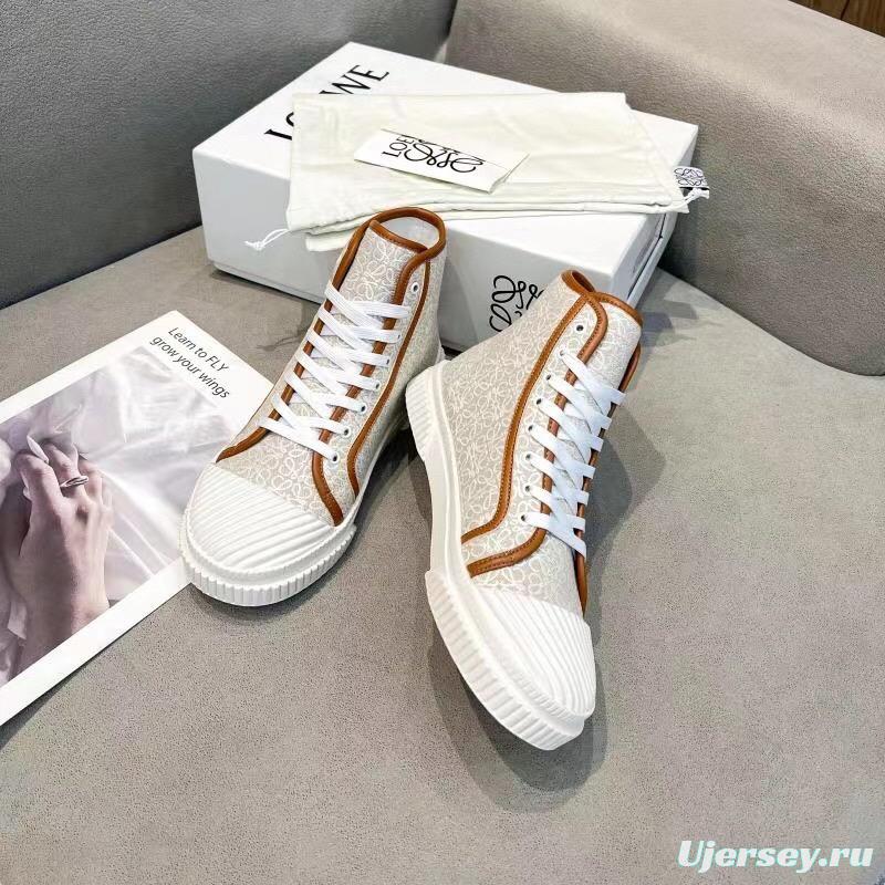 2025 Women Loewe White Brown Canvas High-top Sneakers LY00420