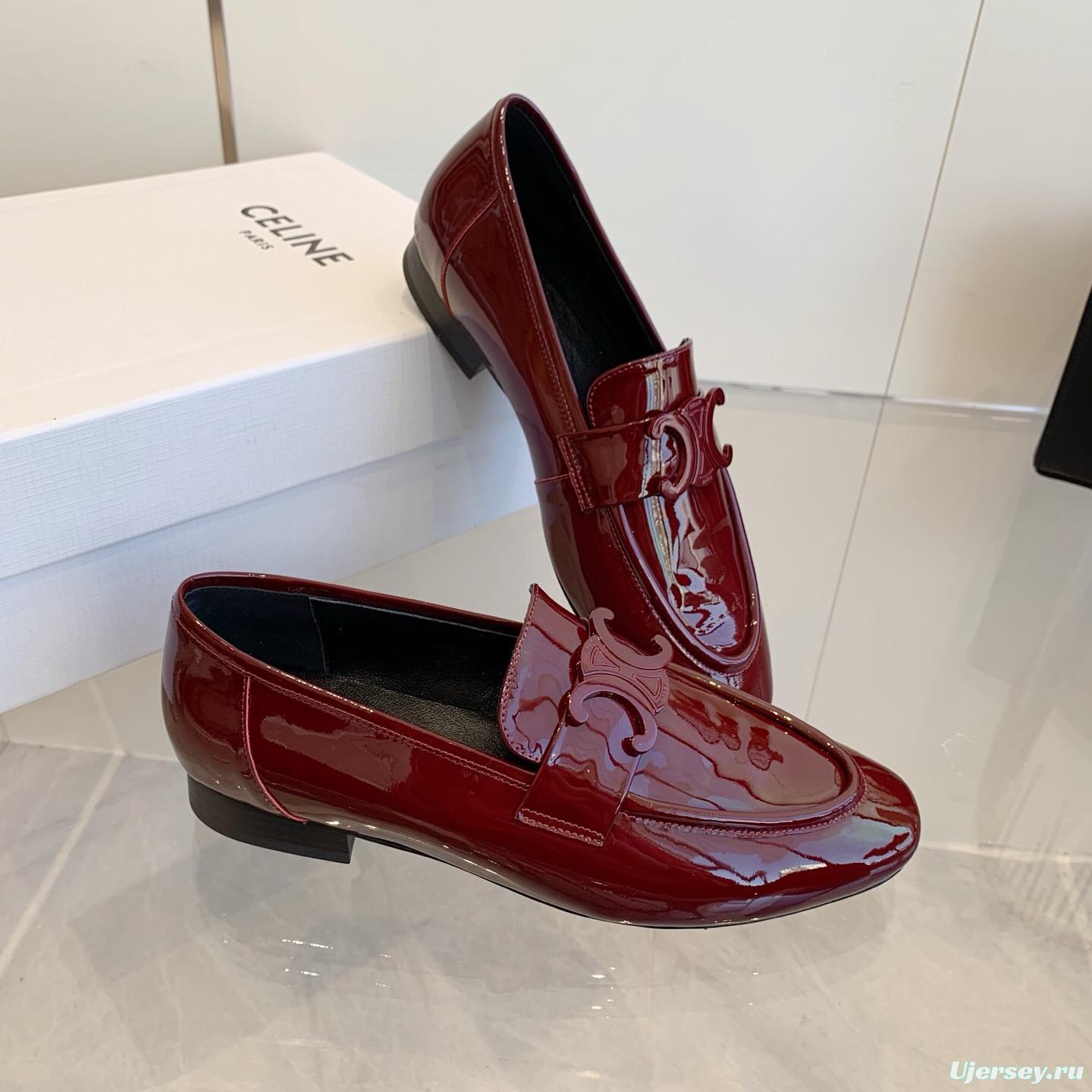 2025 Women CELINE Burgundy Patent Leather Loafers