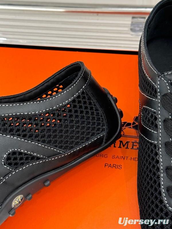 2025 Women Hermès Black Mesh Leather Sneakers