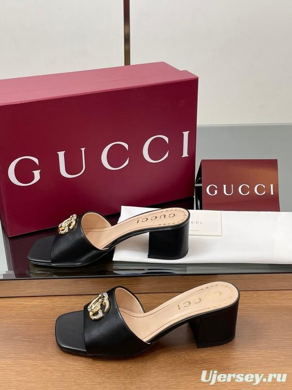 2025 Women Gucci Black Leather Slippers Crystal GG Buckle LY00280