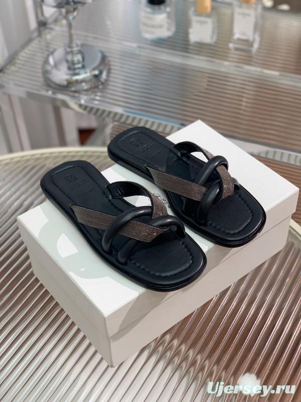 2025 Women Brunello Cucinelli Black Leather Flat Slides With Handwoven Beaded Straps KFY00300 (F)