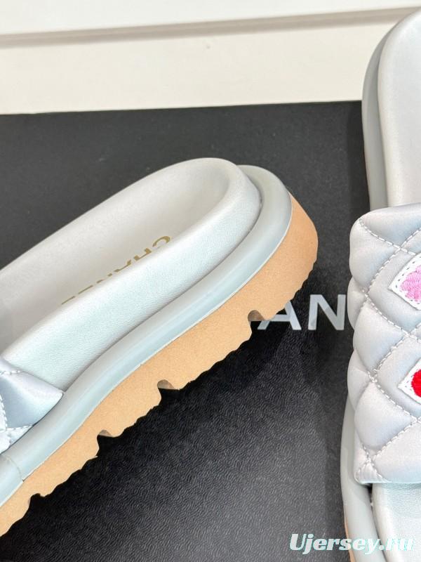 2025 Slippers Chanel Silver Floral Embroidery Leather Slippers KFY00260