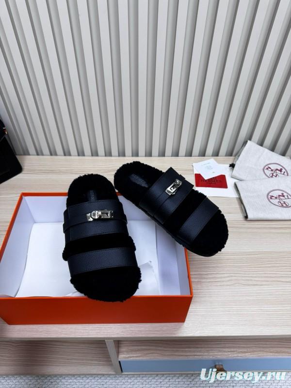 2024 Women Hermès Black Leather Shearling Slippers