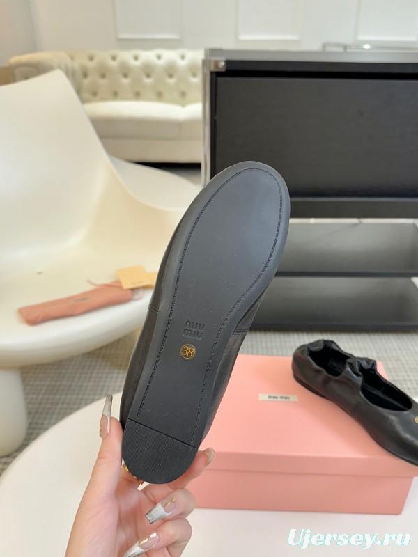 2025 Women Miu Miu Black Leather Ballet Flats