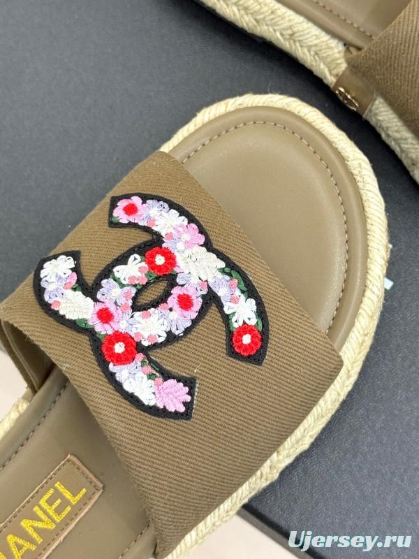 2025 Women Chanel Khaki Embroidered Lambskin Slippers KFY00230