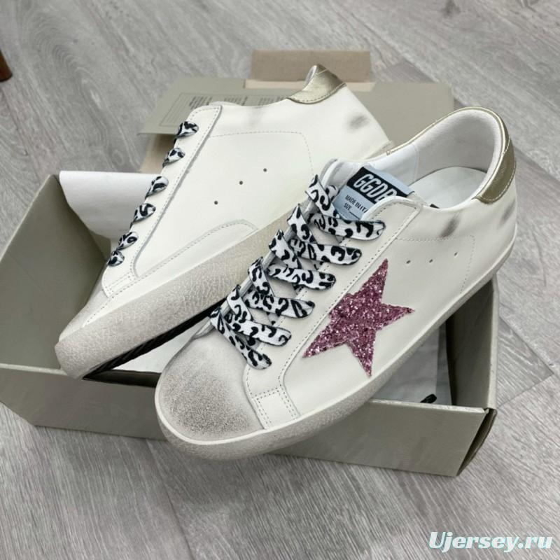 2025 Women GGDB White Pink Leather Sneakers Glitter Star