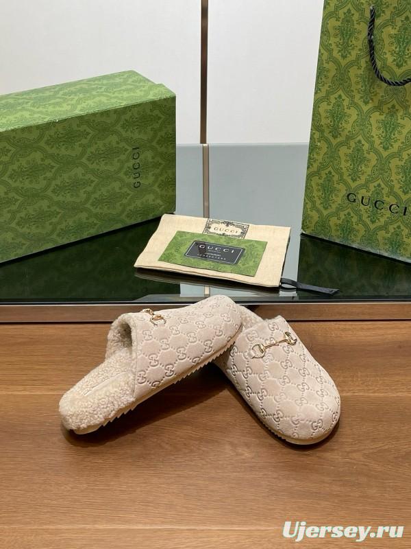 2024 Slippers Gucci Beige Shearling GG Embroidery