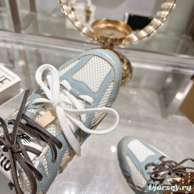 2025 Women Miumiu Light Blue White Leather Mesh Sneakers