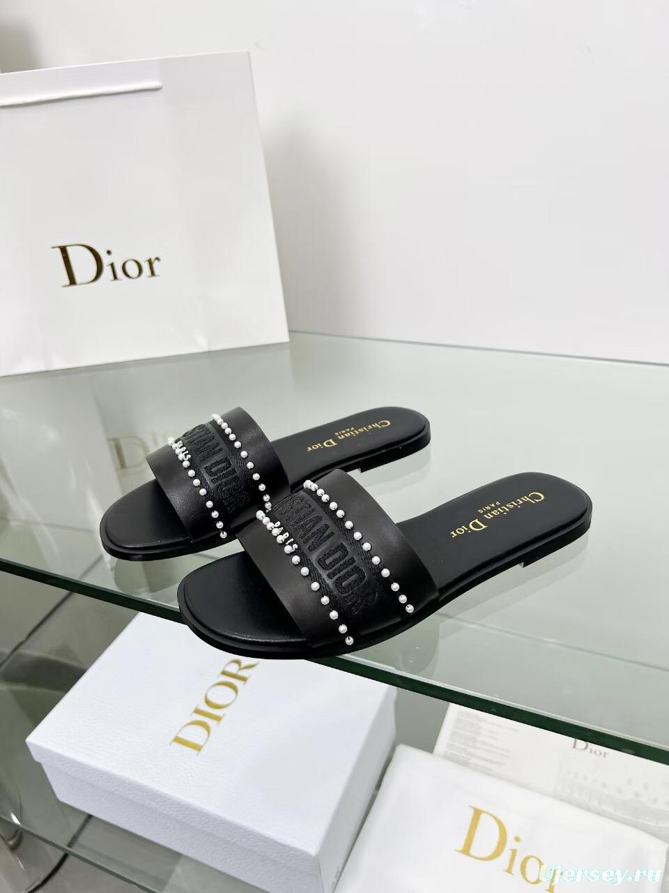 2025 Women Dior Black Leather Slippers Pearl Embellishment LY00190
