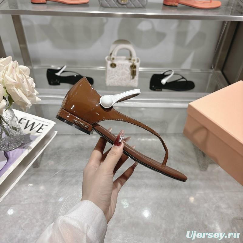 2025 Women Miu Miu Brown Leather T-Strap Flat Sandals KFY00289(F)