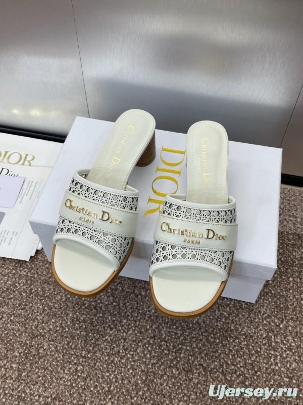 2025 Women Dior White Leather Sandals CD Pattern Low Heel KFY00310