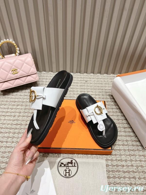 2025 Women Hermès White Leather Slippers LY00270