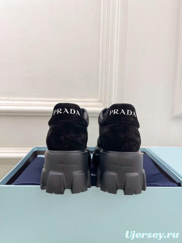2025 Unisex Prada Black Suede Leather Sneakers KFY00310(F)/KFY00330(M)