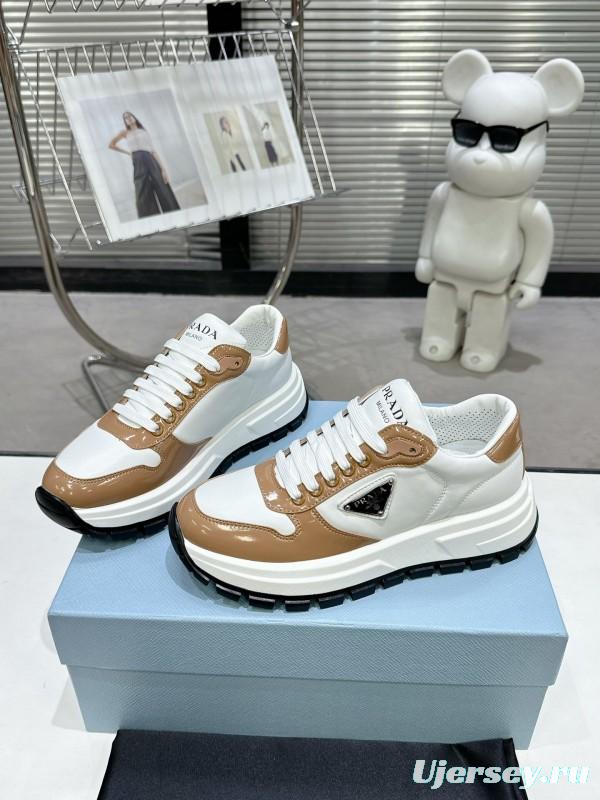 2025 Women Prada White Brown Leather Sneakers