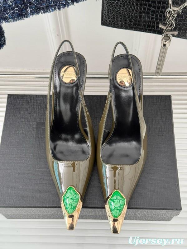 2024 Women Yves Saint Laurent Olive Green Gold Calf Leather Slingback Gemstone High Heels MJ00330