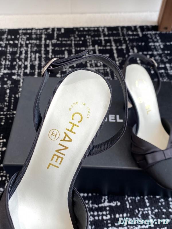 2025 Women Chanel Black Satin Leather High Heels Bow Slingback KFY00289