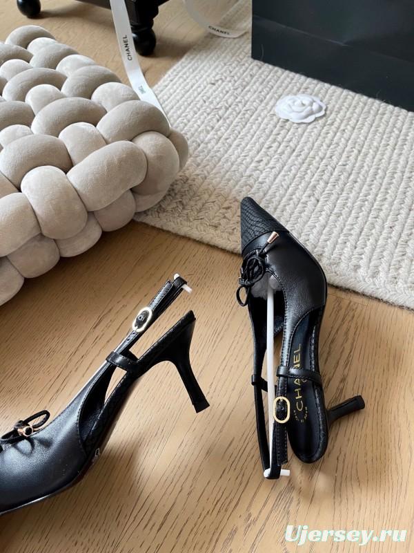 2025 Women Chanel Black Leather Slingback Bowknot Pumps KFY00320