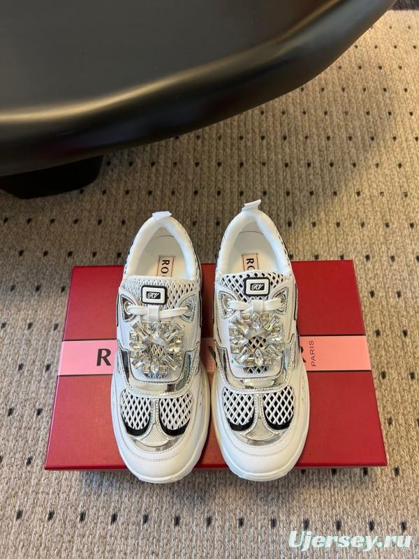 2025 Women Roger Vivier White Black Leather Synthetic Fabric Sneakers KFY00380