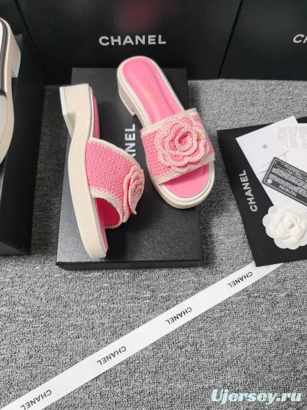 2025 Slippers Chanel Pink Straw Slide Floral LY00360