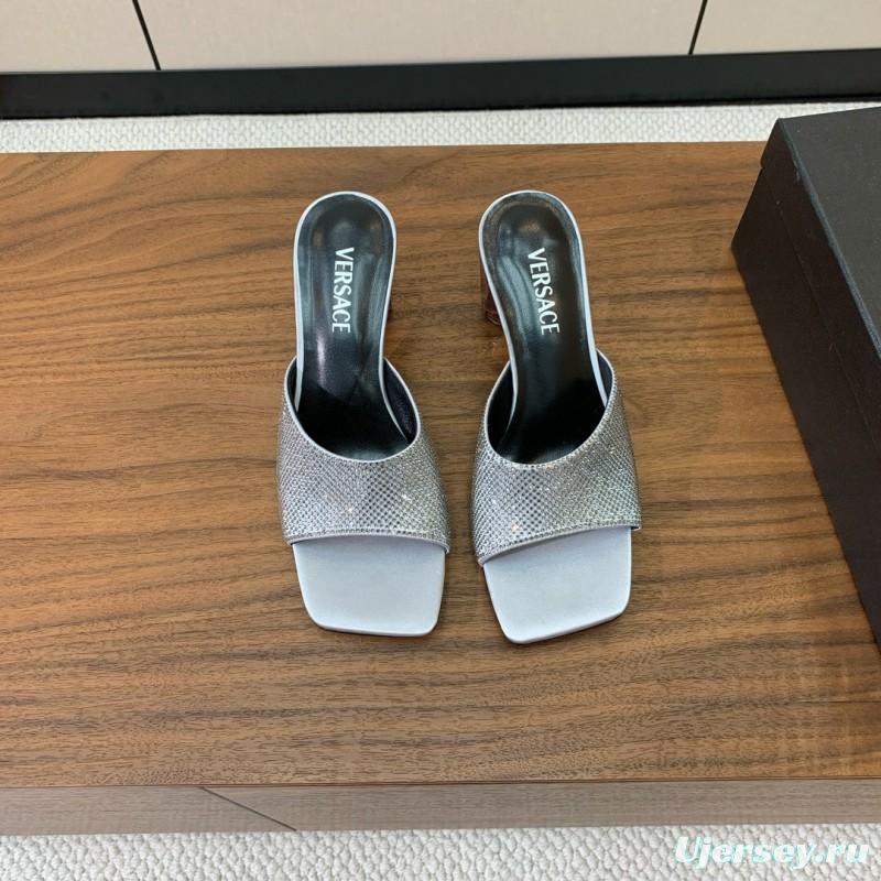 2025 Women VERSACE Silver Leather Slippers