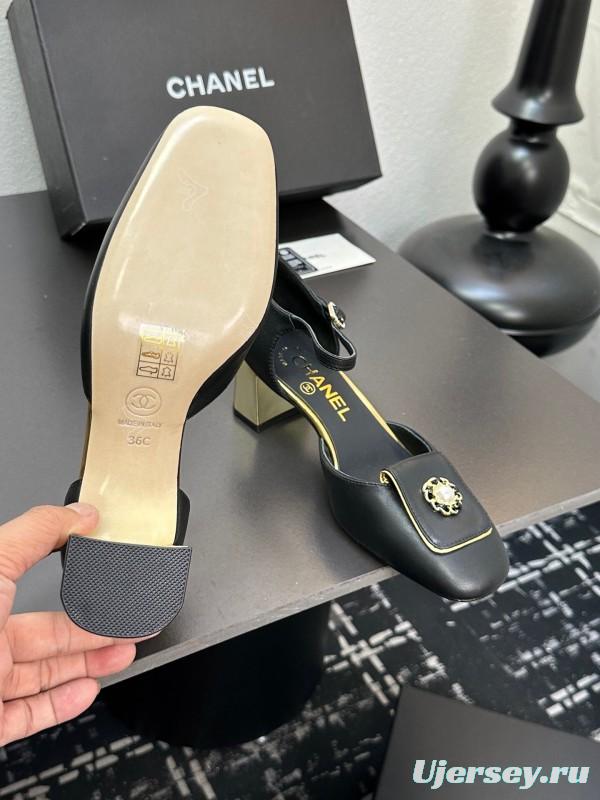 2025 Women CHANEL Black Leather Block Heel Metal Accent LY00360