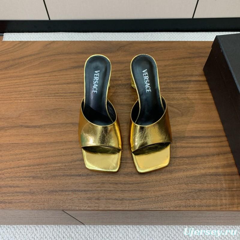 2025 Women VERSACE Gold Leather Heeled Sandals