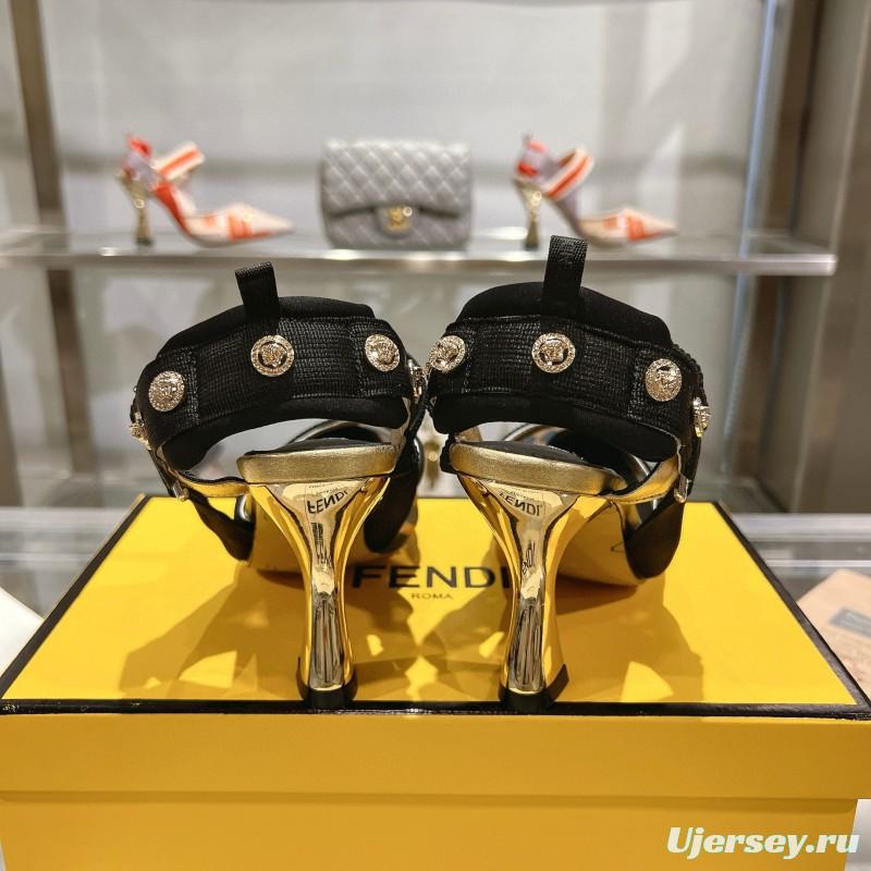 2025 Women Fendi Brown Black Leather Mesh High Heels MJ00280