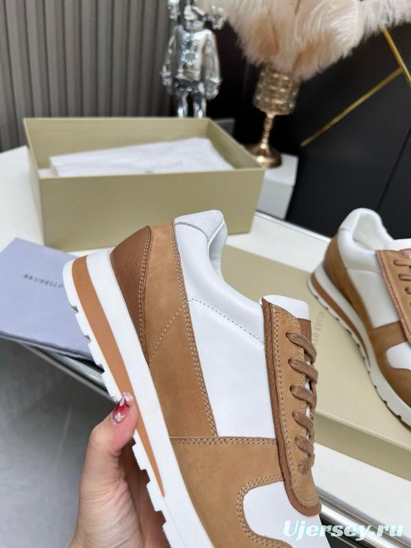 2024 Unisex Brunello Cucinelli White Brown Suede Leather Sneakers MJ00360