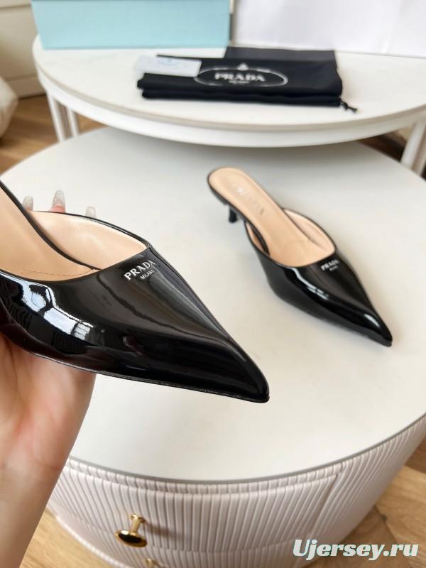 2025 Women Prada Black Patent Leather Heeled Slippers LY