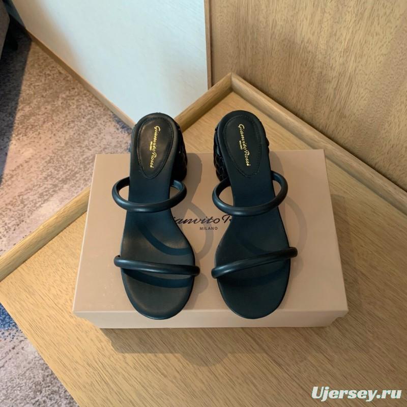 2025 Women Gianvito Rossi Black Leather Heeled Sandals