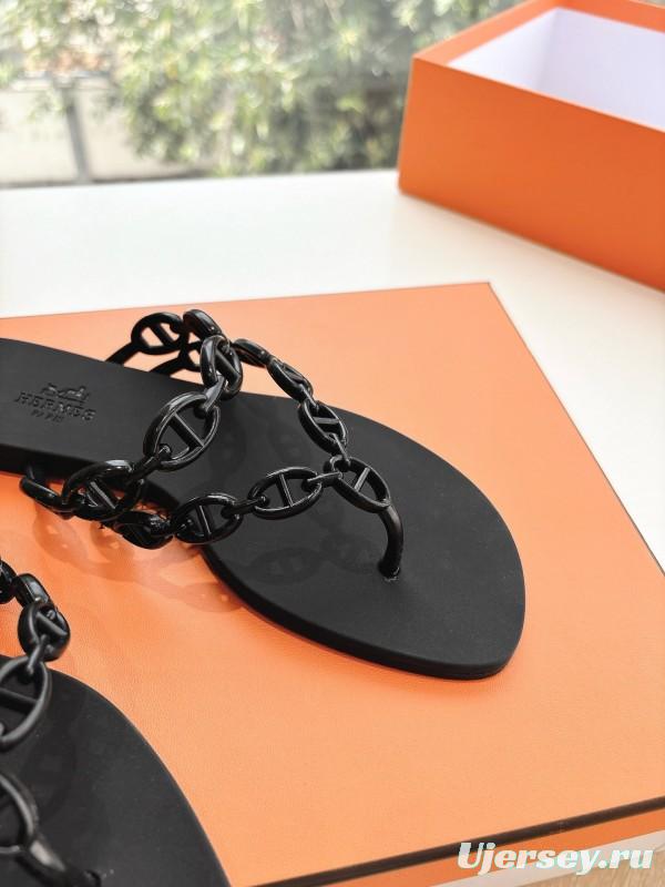 2025 Women Hermès Black Leather Chain Strap Flip Flop Sandals LY00360(F)