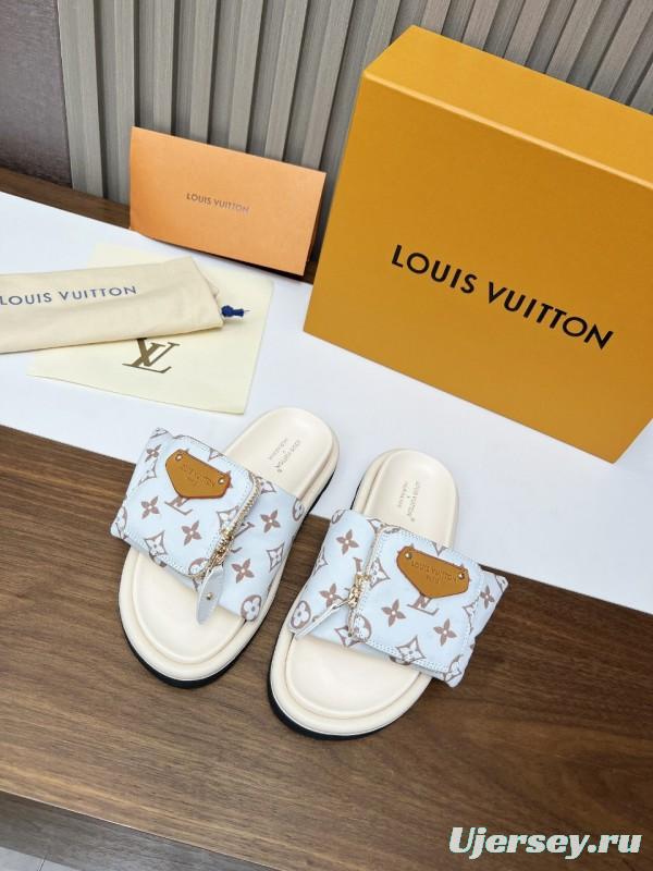 2025 Women Louis Vuitton White Brown Canvas Slippers KFY00230