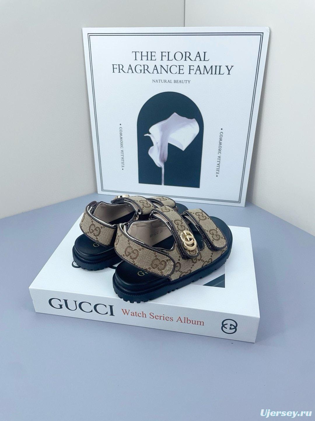 2025 Kids Gucci Black Brown Canvas Leather Sandals