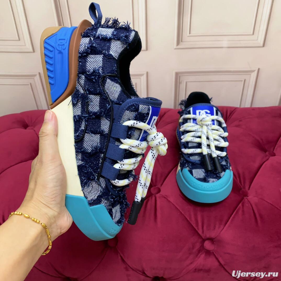 2025 Unisex Dolce & Gabbana Blue White Brown Denim Leather Sneakers