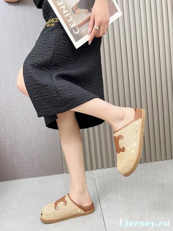 2025 CELINE Beige Leather Raffia Slippers LY00240