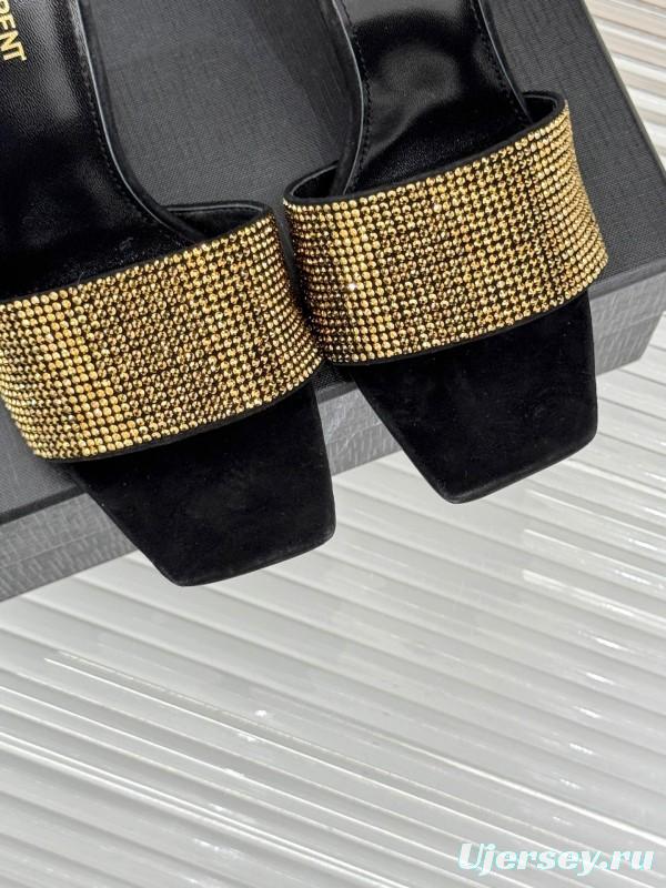 2025 Women Yves Saint Laurent Black Gold Leather High Heel Slip-On LY00300