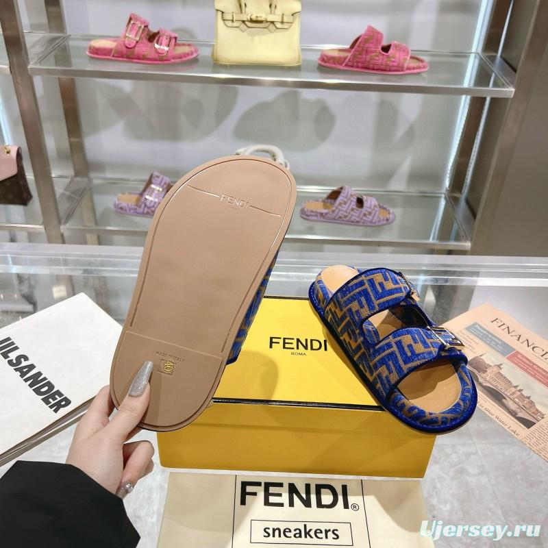 2025 Fendi Blue Fabric Leather Slippers MJ00230