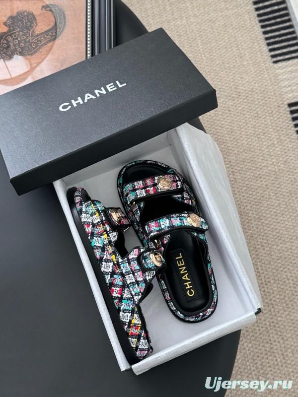 2025 Women Chanel Multi Color Fabric Leather Sandals LY00310