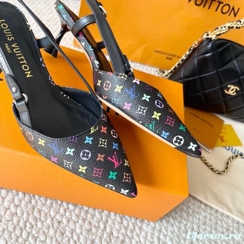 2025 Women Louis Vuitton Multicolor Canvas Leather Slingback Heels KFY00300