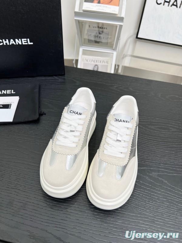 2025 Women Chanel White Silver Leather Suede Sneakers