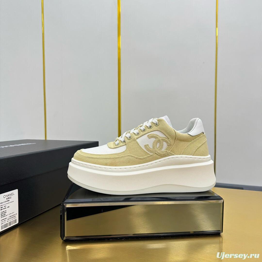 2025 Women Chanel Beige White Canvas Leather Sneakers
