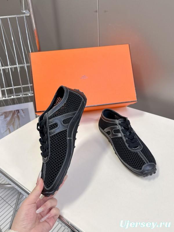 2025 Women Hermès Black Mesh Leather Trainers KFY00250