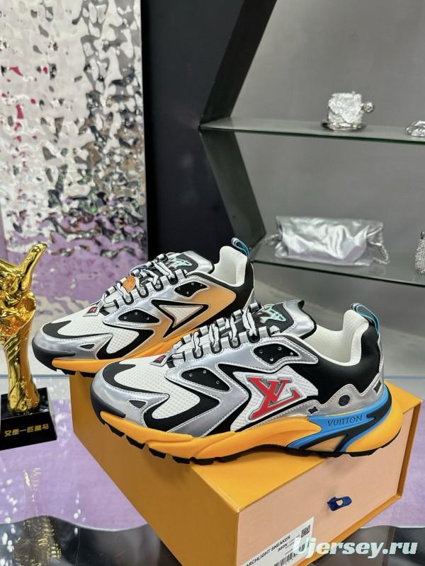 2025 Men Louis Vuitton White Black Blue Leather Mesh Sneakers MJ00420